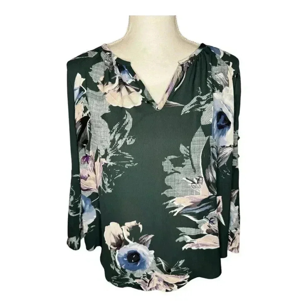 Jennifer Lopez Women's Small Green Floral Bar Sleeve V-Neck Lightweight Top